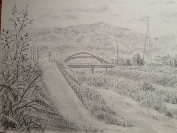 鉛筆デッサン 河川の風景画 Landscape In Japan Riverside Crayons Et Papier 鉛筆と紙と
