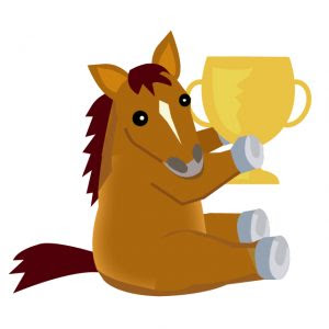 優勝カップを持つかわいい馬のキャラクター お馬の素材屋