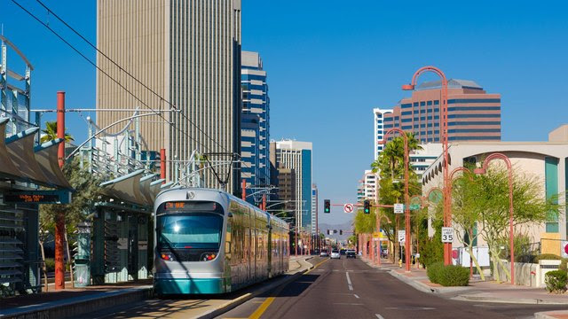 Midtown Phoenix business district light rail train