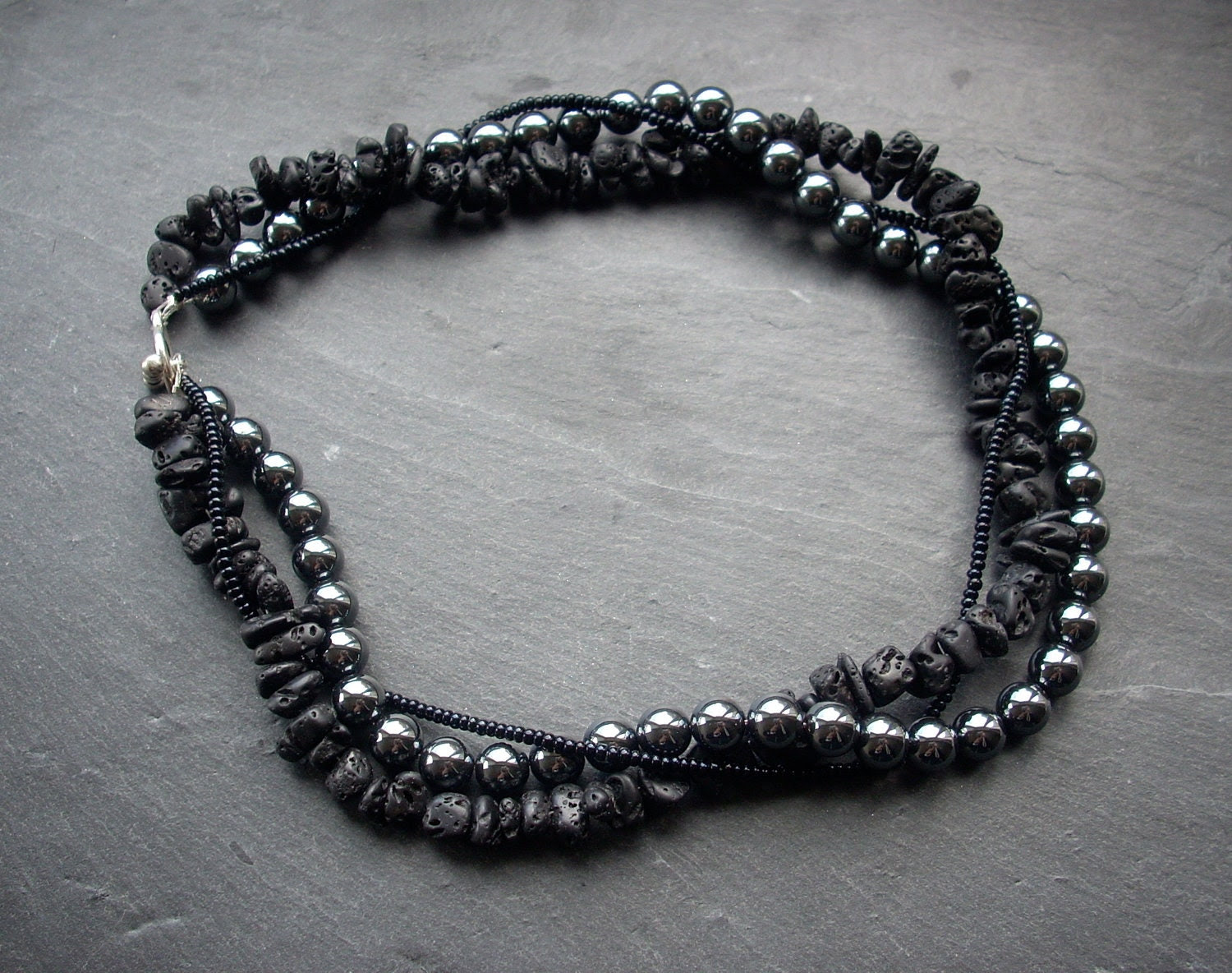 Black beaded necklace hematite lava stone choker