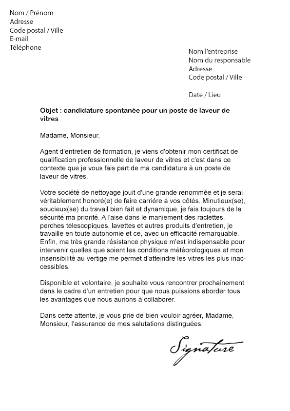 Lettre de motivation Laveur de Vitres - Modèle de Lettre