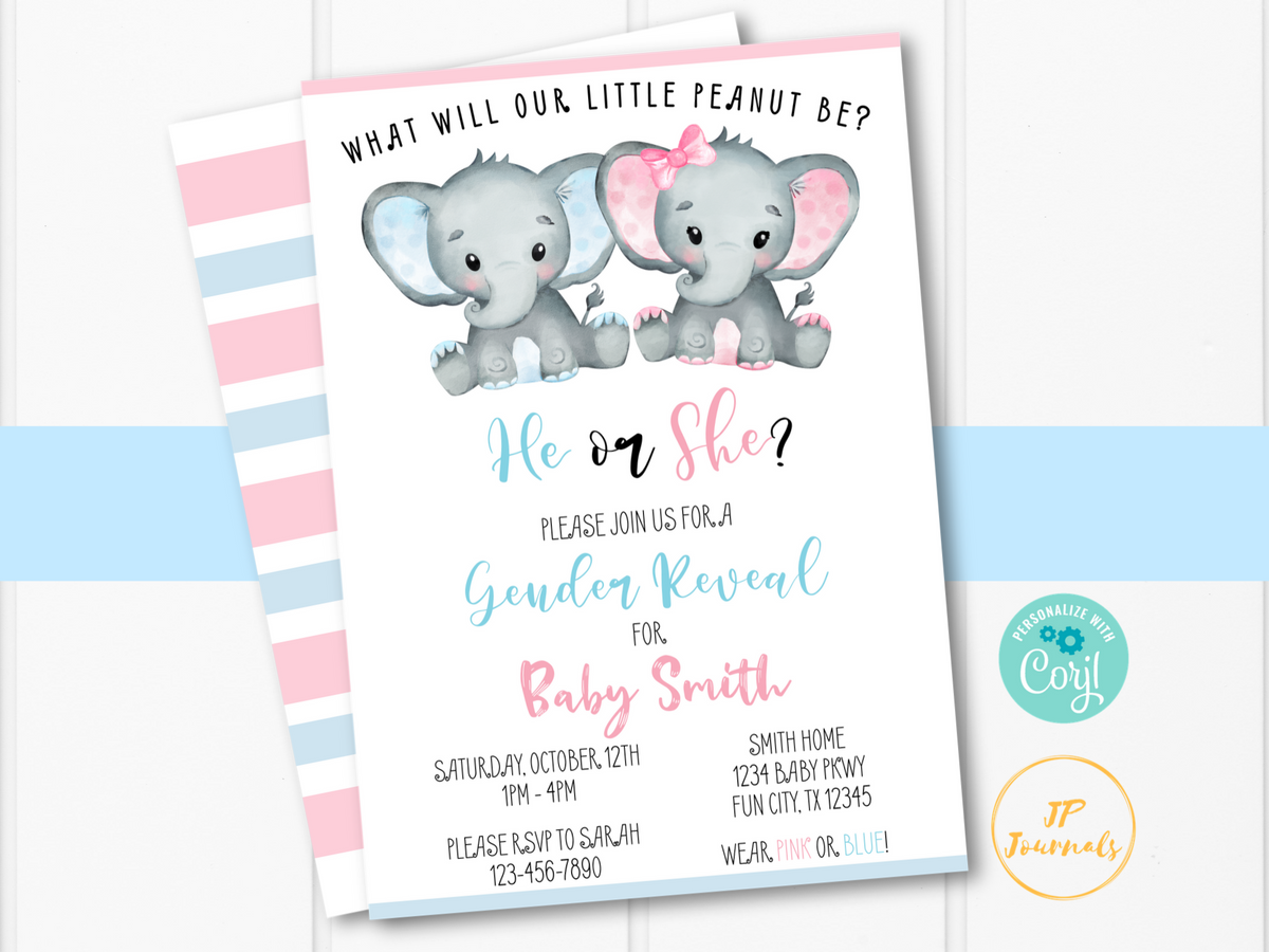 Download Elephant Gender Reveal Party Invitation Template - Edit ...
