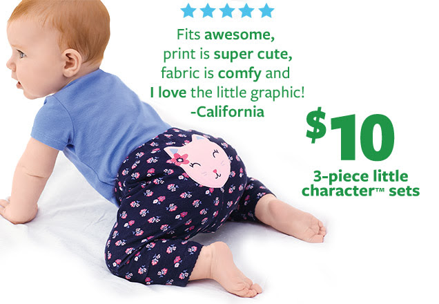 ★★★★★ | $10 | 3-piece little character™ sets | 'Fits awesome, print is super cute, fabric is comfy and I love the little graphic!' - California