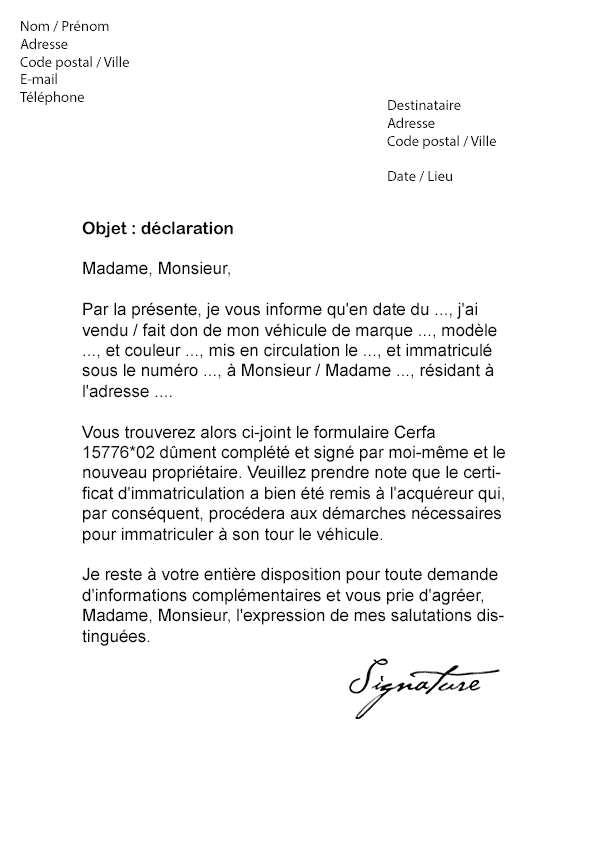 Lettre De Declaration Cession Vehicule Modele De Lettre