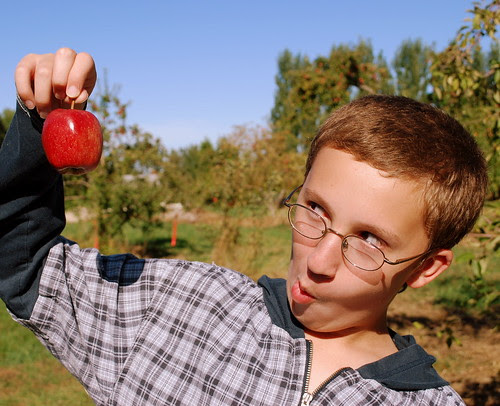 Apple Picking Evan with goofy face