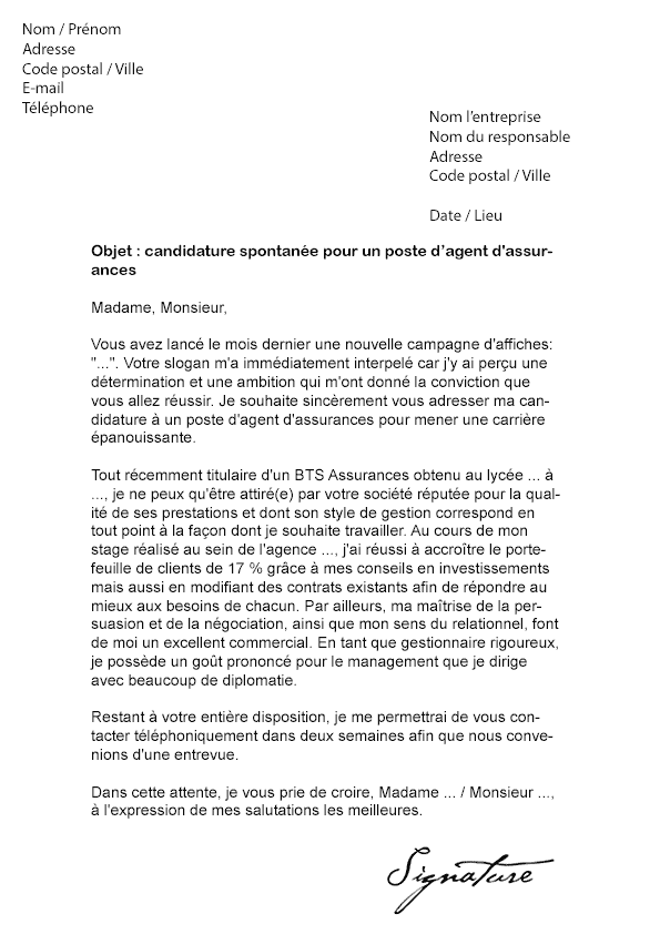 Lettre de motivation Agent d'assurances - Modèle de Lettre
