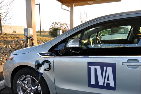 A Chevy Volt at a charging station at a Electric Power Research Institute lab near Knoxville, Tenn.