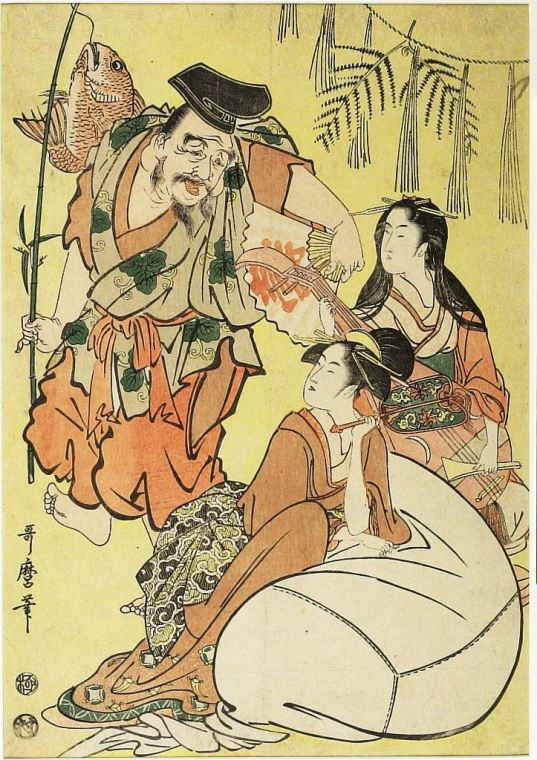 恵比寿様 女性の大黒様と弁財天の浮世絵の塗り絵の下絵 画像
