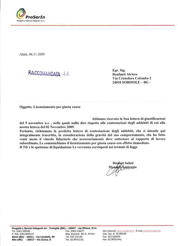 Lettera Licenziamento | Bonfanti Oliviero Alviero Alfiero