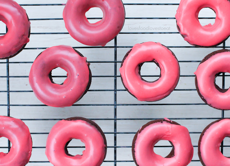 Baked Chocolate Cake Donuts with Raspberry Glaze // Loves Food, Loves to Eat