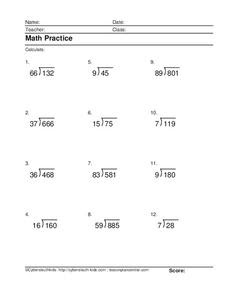 Math Practice #7: Division-No Remainders Worksheet For 3Rd - 4Th Grade | Lesson Planet