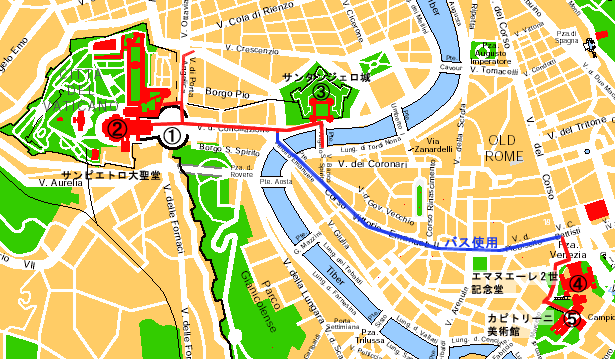 ローマ観光地図 ２日目の行動範囲