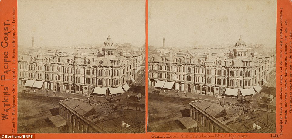 Photographs taken by Carleton E. Watkins show the Golden Gate Straight, Alcatraz Island, Russian Hill, the Waterfront and Woodward's Gardens. The collection are going up for auction at Bonhams, valued at $7,000. Pictured the Grand Hotel, San Francisco, which does not exist today