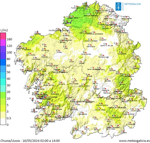 Mapa de lluvia acumulada hoy en Galicia