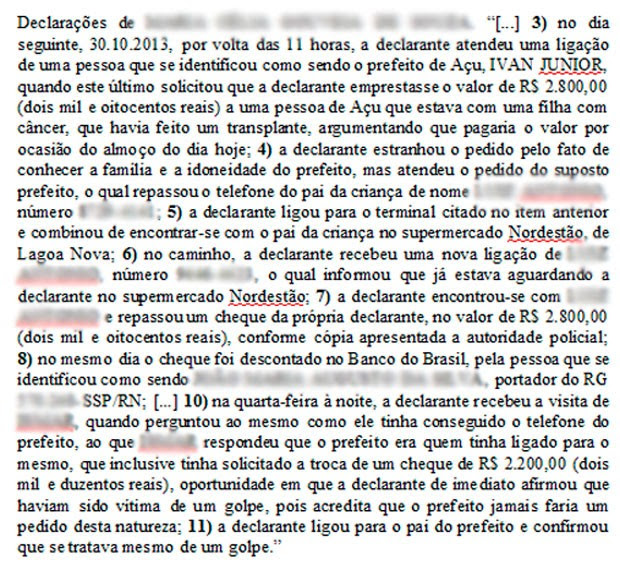 Trecho de depoimentos de uma pessoa que relata ter sido vítima do golpe (Foto: Reprodução)
