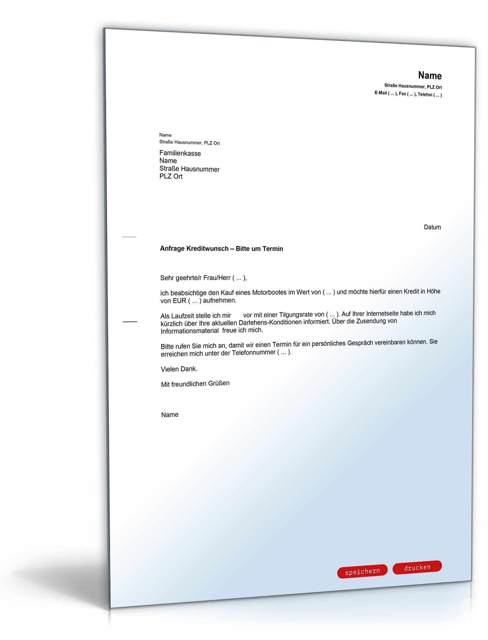 Anfrage Terminvereinbarung Kreditwunsch | Muster zum Download