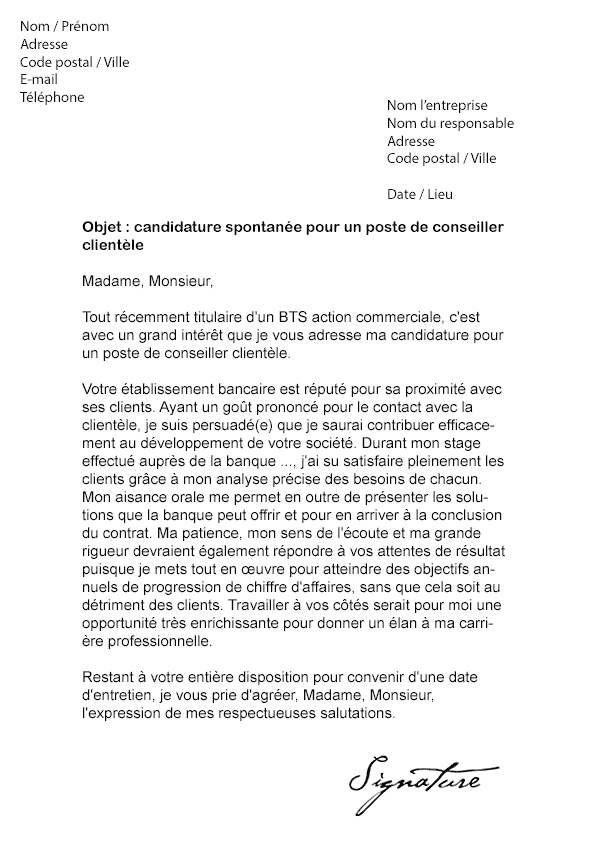 Lettre de motivation Conseiller clientèle (débutant 