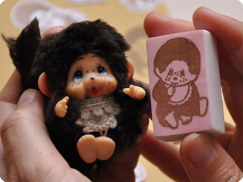 Monchichi hand carved rubber stamp