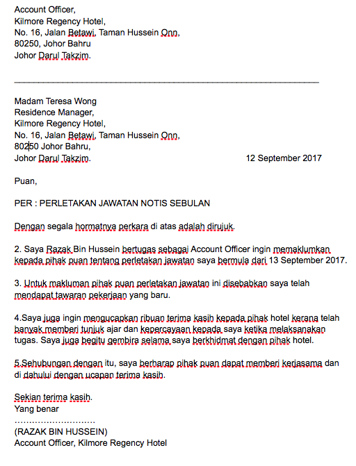 Contoh Surat Berhenti Kerja Dalam Bahasa Melayu & Bahasa 