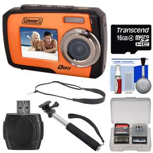 Coleman Duo 2V7WP Dual Screen Shock & Waterproof Digital Camera (Orange) with 16GB Card + Selfie Stick Monopod + Sling Strap + Kit