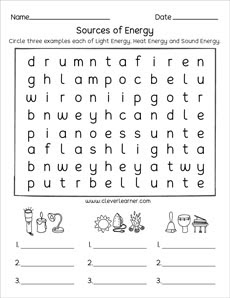 sources of energy printables and worksheets for first grade and kindergarten