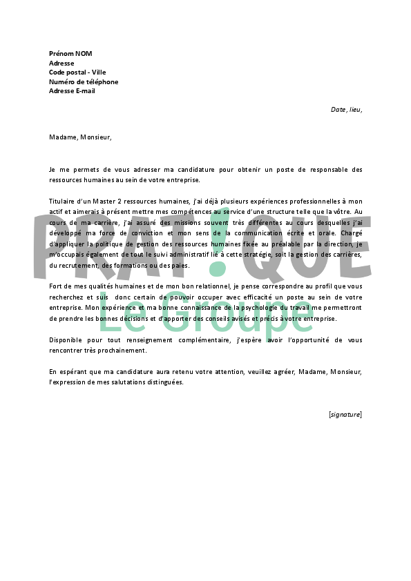 Lettre de motivation pour un emploi de responsable des ressources