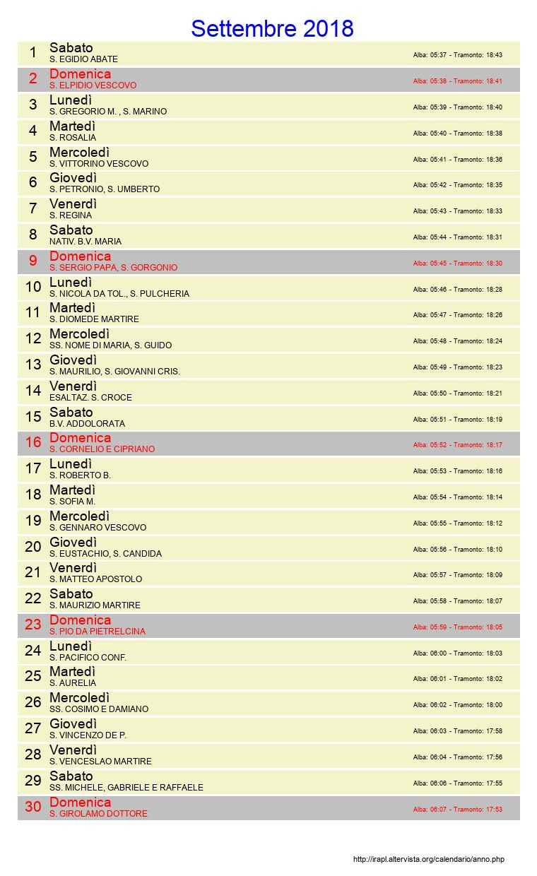 Calendario Settembre 2018 - Con festività e fasi lunari