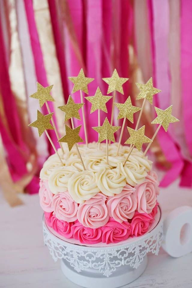 This Pink and Gold Star Ombre Cake is almost too cute to eat! #cake #dessert #recipe