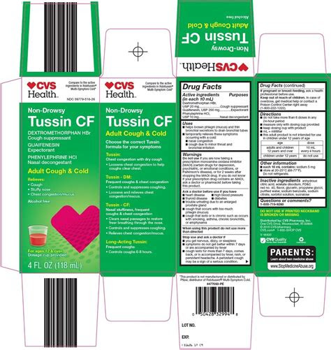 Dextromethorphan hbr usp (20 mg), guaifenesin usp (400 mg). Tussin CF Adult Cough and Cold (solution) CVS Pharmacy
