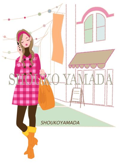 携帯で電話中 買い物帰りの若い女性 人物イラスト素材