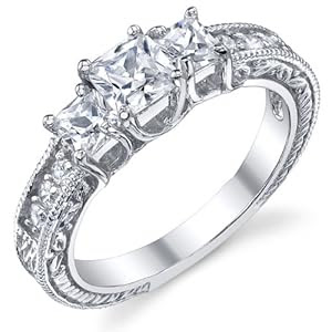 0.50 Carat Princess Cut CZ " Past, Present, Future Milligrain Sterling Silver Wedding Engagement Ring Sizes 6 to 10
