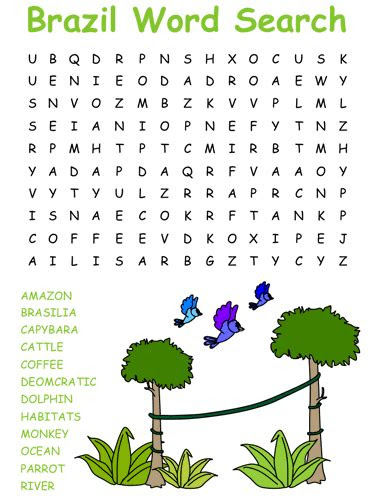 The object of each puzzle is to find the listed hidden words. brazil word searches