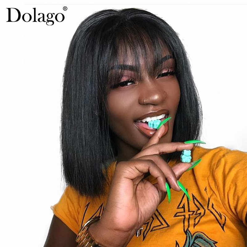 13x6 Lace Front Human Hair Wigs With Bangs Short Bob Wig Pre Plucked With Baby Hair Straight Frontal Wigs Remy Black Dolago 150