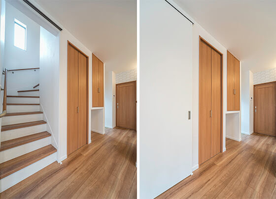 リビング階段の間仕切りにアウトセットの引き戸 注文住宅ブログ 大阪京都で注文建築専門の工務店は匠建枚方