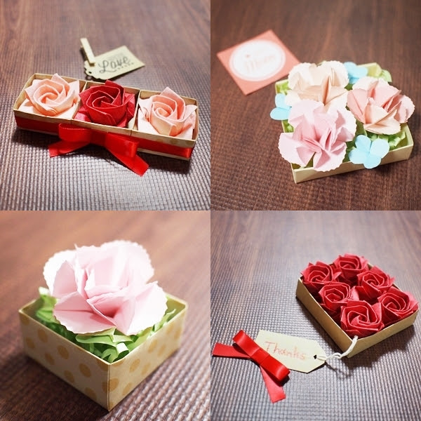 おしゃれな手作り母の日ギフト 折り紙フラワー 折り紙box 作り方 アレンジ 知恵の小袋
