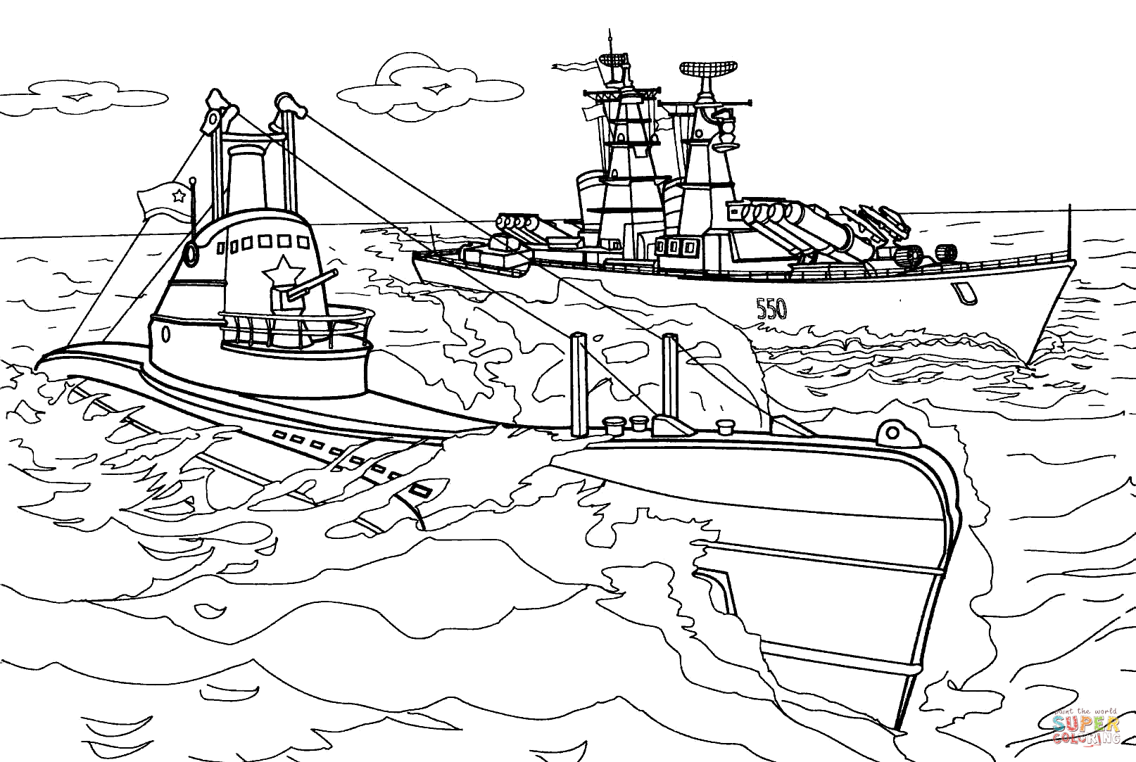 the Submarine and Warship coloring pages