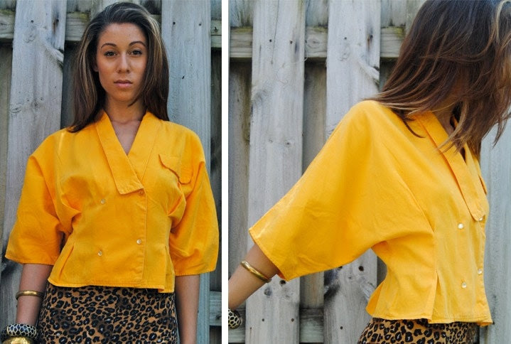 80s BOLD yellow batwing crop sleeve jacket top M