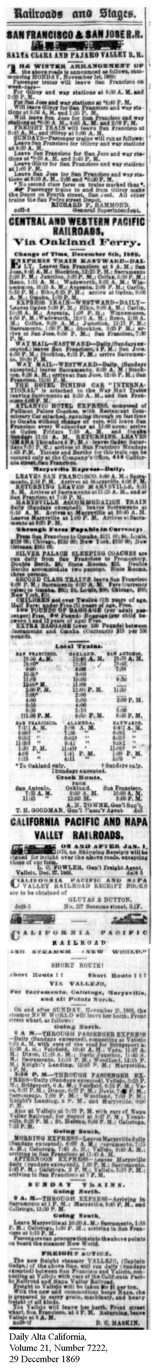 1869-12-29 CP, SF&SJ, CalP Timetables; still Promontory - Daily Alta California, Volume 21, Number 7222, 29 December 1869