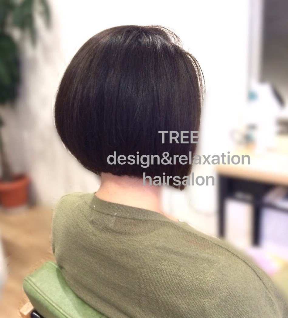 前下がりショートボブ 黒髪ストレート 春日部の髪や頭皮をいたわるカラー カットの美容室 Tree