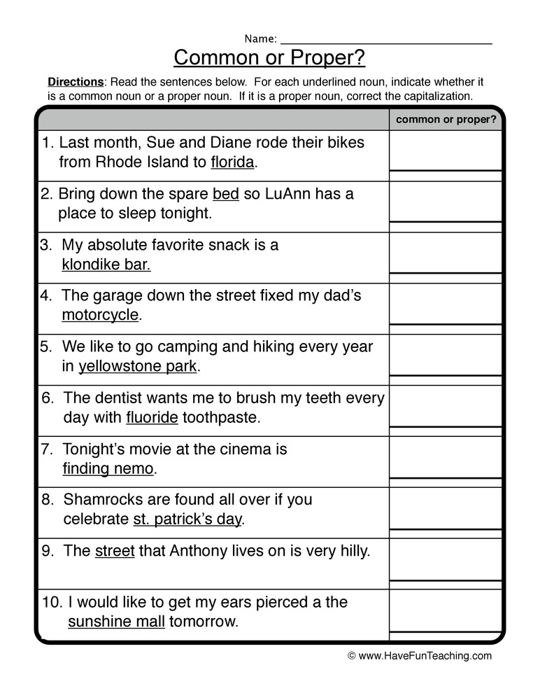 common proper nouns worksheet 1