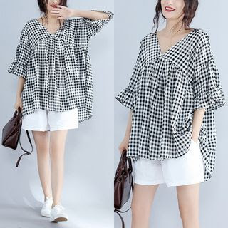 Dreamona Elbow-Sleeve Check Blouse 