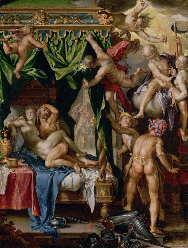 Wtewael revisited the adultery of Mars and Venus several times. In this version of Mars and Venus Surprised by Vulcan (1604-1608), Apollo raises the curtain on the bed as Vulcan, Venus' husband, approaches with his net, hoping to ensnare the couple. Cupid — Venus' son — takes aim at Apollo, as Mercury, Diana and Saturn look on and laugh.