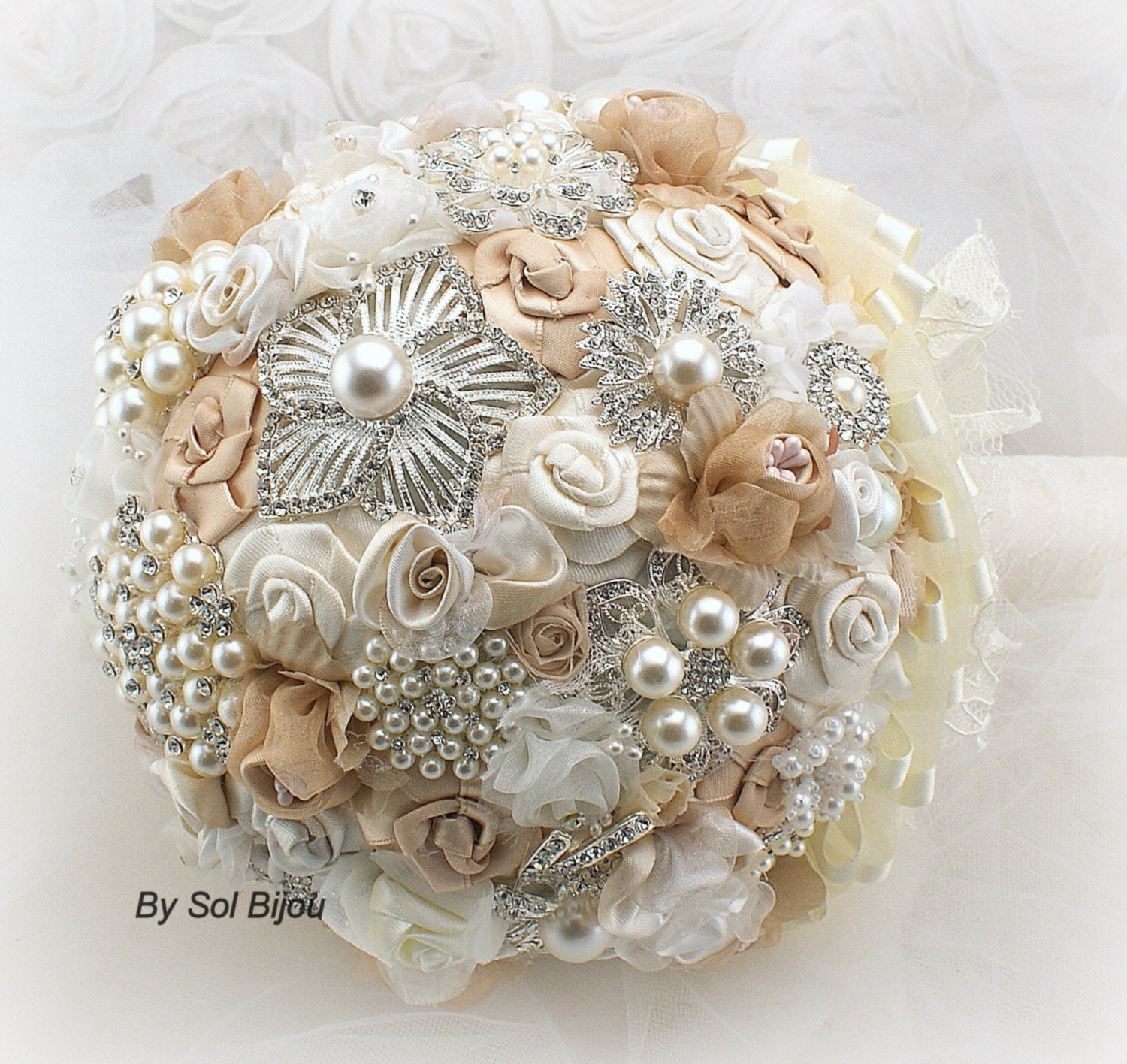 Brooch Bouquet Bridal Jeweled Bouquet Fabric Bouquet in Champagne and Ivory with Handmade Flowers