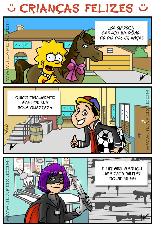 Lisa simpson com pônei, Quico e sua bola quadrada, Hit Girl com uma faca Bowie, ilustração, quadrinhos by ila fox