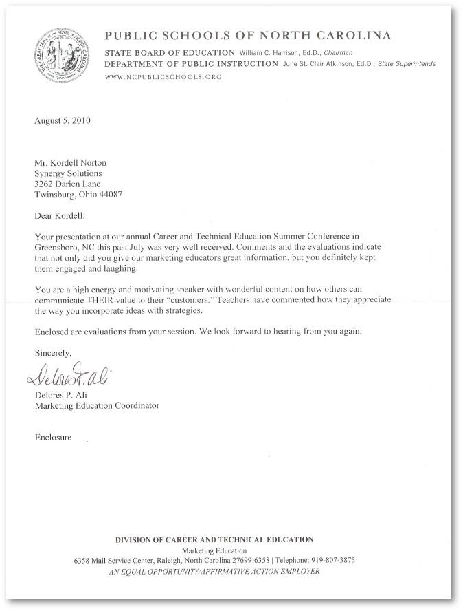 Reference Letter for Kordell Norton from the North 