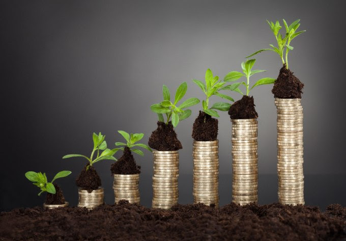 Saplings on stack of coins representing growth against black background