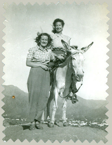 Two women and donkey