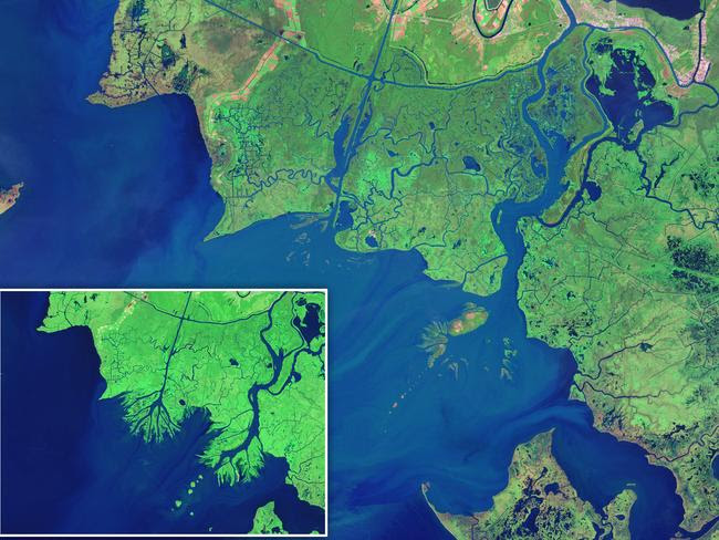 Growing Wax Lake Outlet, Louisiana pictured in November 1984 to October 25, 2014 Most of the Mississippi River delta plain is losing ground.