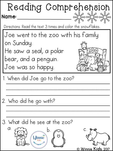  kindergarten reading comprehension passages winter 1st grade