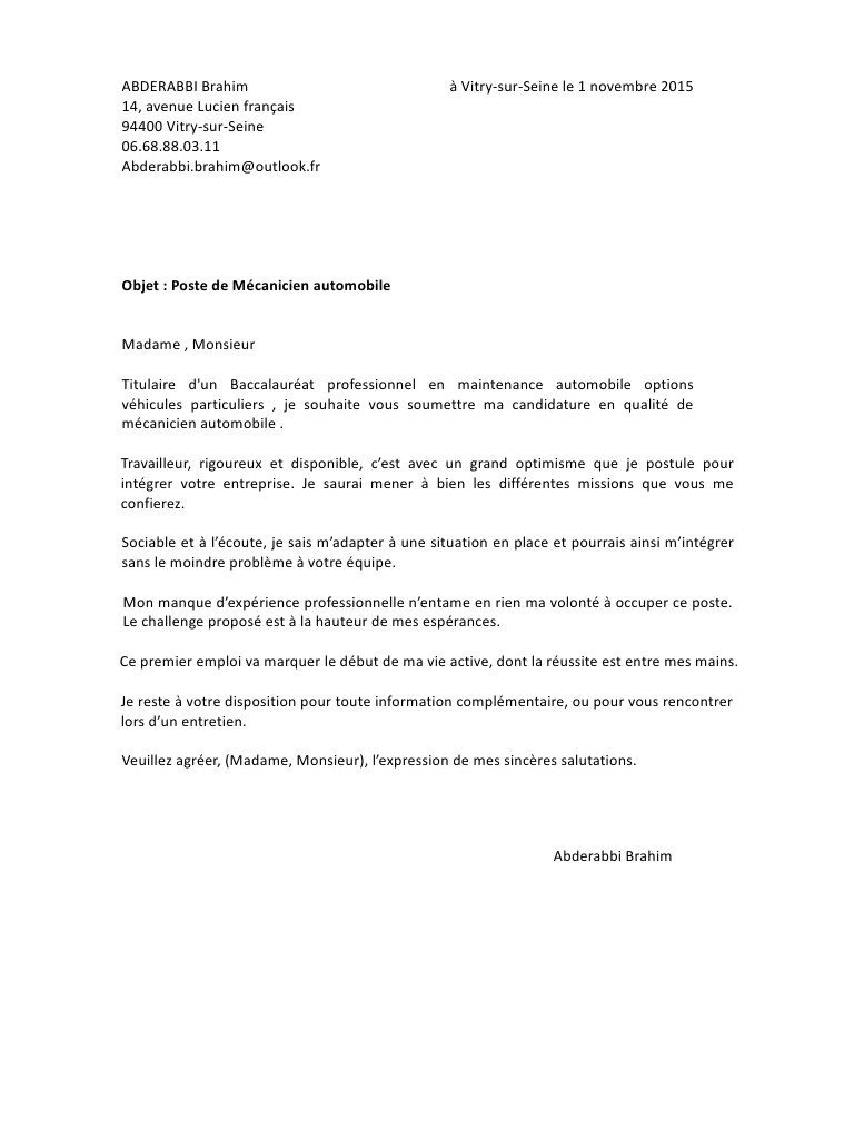 Lettre de motivation mecanicien automobile apprentissage laboitecv.fr